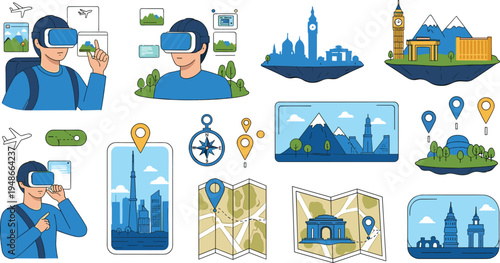 VR travel and virtual tourism elements set with man using VR headset, landmarks, navigation maps and digital travel experience vector illustration