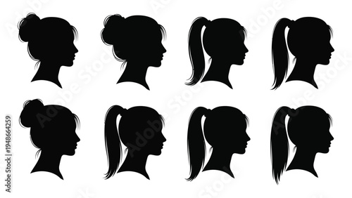 A comprehensive analysis of diverse female hairstyles in profile view silhouettes