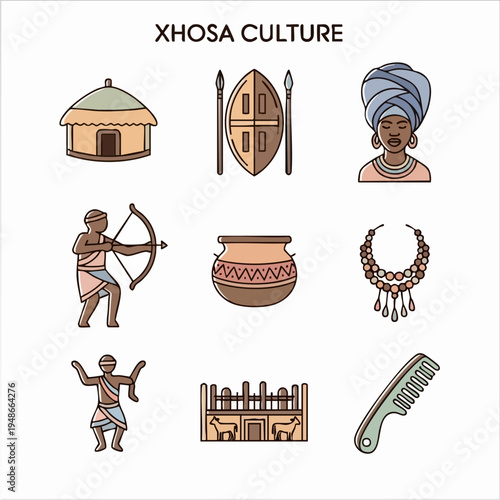 Traditional xhosa culture icons including huts, shields, and jewelry on white background