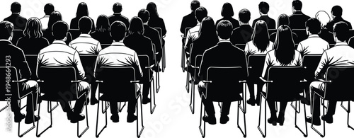 Audience sitting in conference hall viewed from back, business seminar or presentation attendees silhouette crowd vector illustration isolated on white background