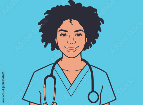 Healthcare worker smiles in scrubs with stethoscope in a bright background