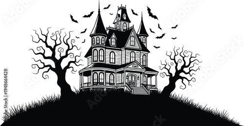 Black and white haunted house illustration with bats, twisted trees, and eerie hilltop setting, symbolizing Halloween, horror, spooky decor, storytelling, and creative artwork projects