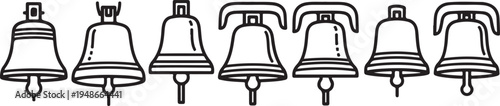A row of eight different styles of bells in a simple line drawing Vector