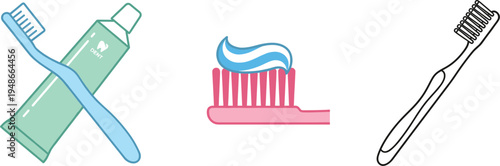 Toothbrush and toothpaste dental hygiene icon set showing oral care tools for brushing teeth health and bathroom routine