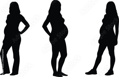Black and white silhouette illustration of pregnant women in different poses, symbolizing maternity, prenatal care, motherhood, family planning, health awareness, and creative artwork projects