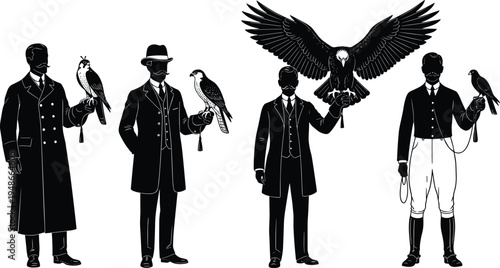Black and white silhouette illustration of men practicing falconry with falcons and eagle, symbolizing tradition, culture, hunting, wildlife, birds of prey, and creative artwork projects