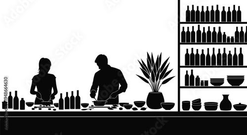 Black and white silhouette illustration of two people cooking in kitchen with utensils, bottles, and shelving, symbolizing culinary activity, teamwork, restaurant, and creative artwork projects