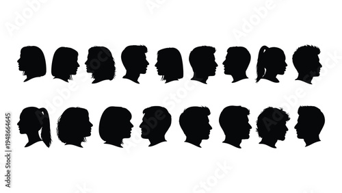 A detailed analysis of silhouette profiles of multiple individuals in two horizontal rows with varied hair styles and head positions