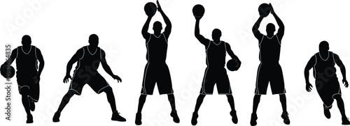 Black silhouette illustration of six basketball players in dynamic action poses with ball, artwork concept for sports, fitness, teamwork, competition, athleticism, and design projects