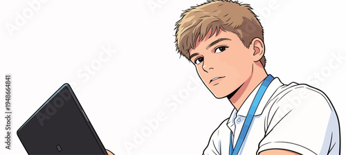 Young person engaged in work on a tablet with a lanyard at an event setting