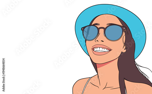 Woman smiles and wears sunglasses and a blue hat during a sunny day outing at the beach