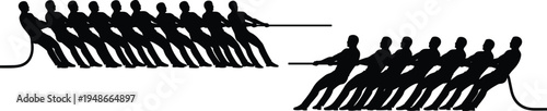 Black silhouette illustration of two teams competing in tug-of-war, symbolizing teamwork, competition, strength, unity, physical effort, sports activity, and creative artwork projects