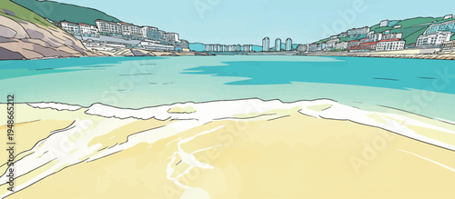 Sunny beach with clear water and city view on a bright day