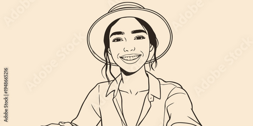 Woman smiles while wearing hat and sitting at table during daytime outdoors