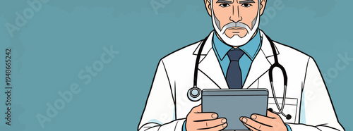 Doctor with tablet checks patient records in medical office during daytime