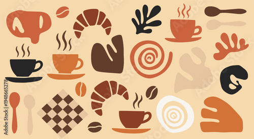 Abstract coffee and bakery elements pattern on beige background