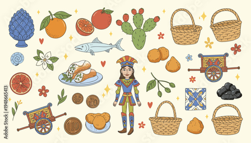 Hand drawn Sicily travel elements set with traditional symbols and food