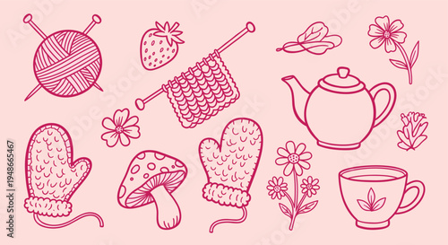 Cozy autumn knitting and tea time hand drawn doodle set