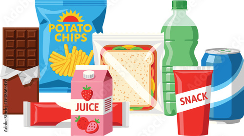 Collection of packaged food and drink items including chips, chocolate bar, sandwich, soda can, juice box, and snacks, symbolizing convenience, lunch, and creative artwork projects