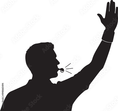Vector silhouette of a man blowing a whistle and waving