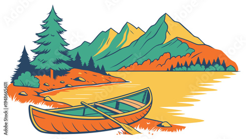 a canoe floating on a lake near mountains Vector