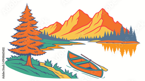 a canoe sits by a lake with a tree and mountains Vector