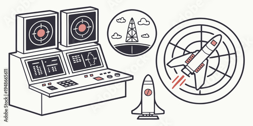 a rocket launch control panel with a rocket and trajectory display Vector