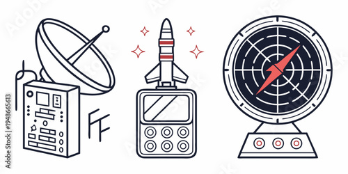 a set of satellite dish, rocket and satellite Vector