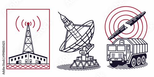 communication tower satellite and truck with signal waves Vector