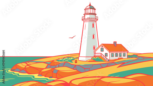 a small white lighthouse on a rocky coastline Vector