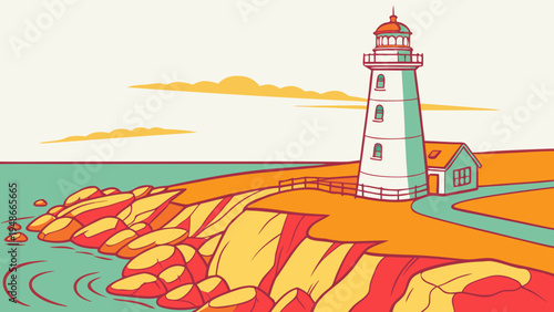 a white lighthouse on a rocky coastline Vector