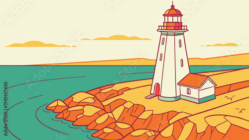 a white lighthouse on a rocky coastline Vector