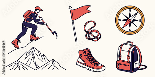 a set of hiking and climbing equipment icons Vector