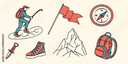 a set of climbing and hiking icons with a person and a mountain Vector