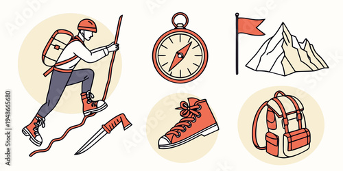 a set of hiking and climbing icons with a person and a mountain Vector