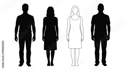 A detailed analysis of human silhouettes: exploring the contrasts between solid and outline figures in a simple yet thought-provoking composition