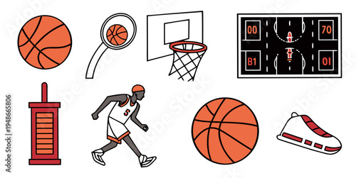 a collection of basketball related objects and a person playing basketball Vector