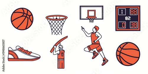 a set of basketball icons including a ball and a player Vector