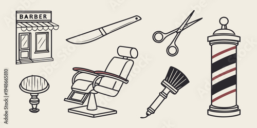 a collection of barber shop tools and furniture Vector