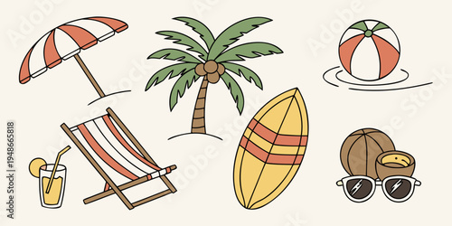 a collection of beach vacation items Vector