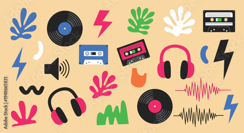 Music elements pattern with retro audio equipment and abstract shapes
