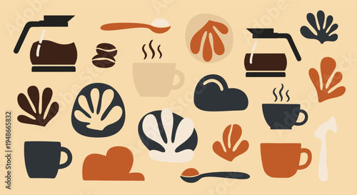 Abstract Coffee Elements Collection with Cups and Beans