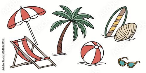 a beach scene with a chair umbrella palm tree and beach accessories Vector