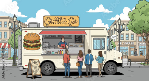 Vector illustration of people at a food truck