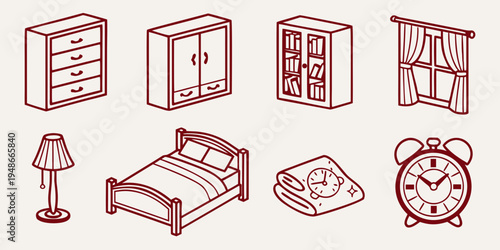 red line drawings of bedroom furniture and accessories Vector
