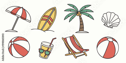 a collection of beach icons including umbrella and chair Vector