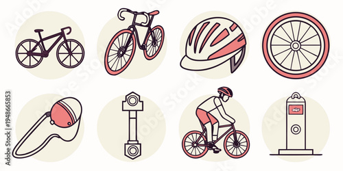 a collection of bicycle and cycling related objects Vector