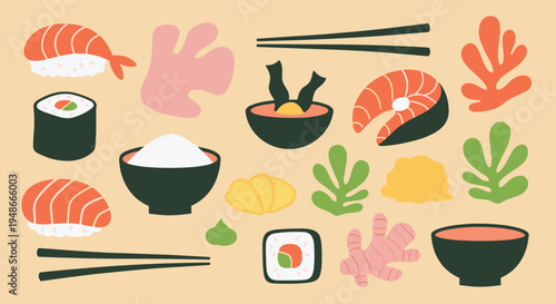 Flat illustration set of Japanese sushi and sashimi food elements