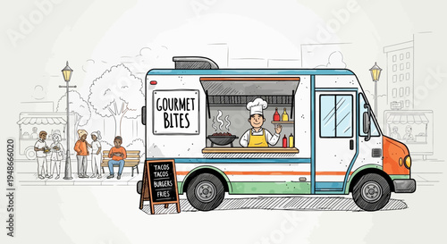 Vector illustration of gourmet food truck with chef