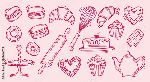 Hand drawn bakery and pastry doodle set on pink background